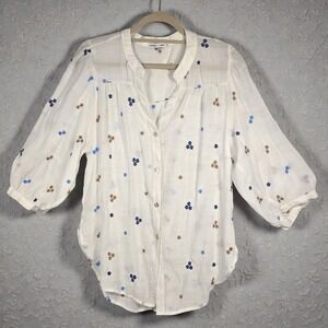 Figueroa & Flower Blouse Top Womens XL White Floral Embroidered Boho 3/4 Sleeve